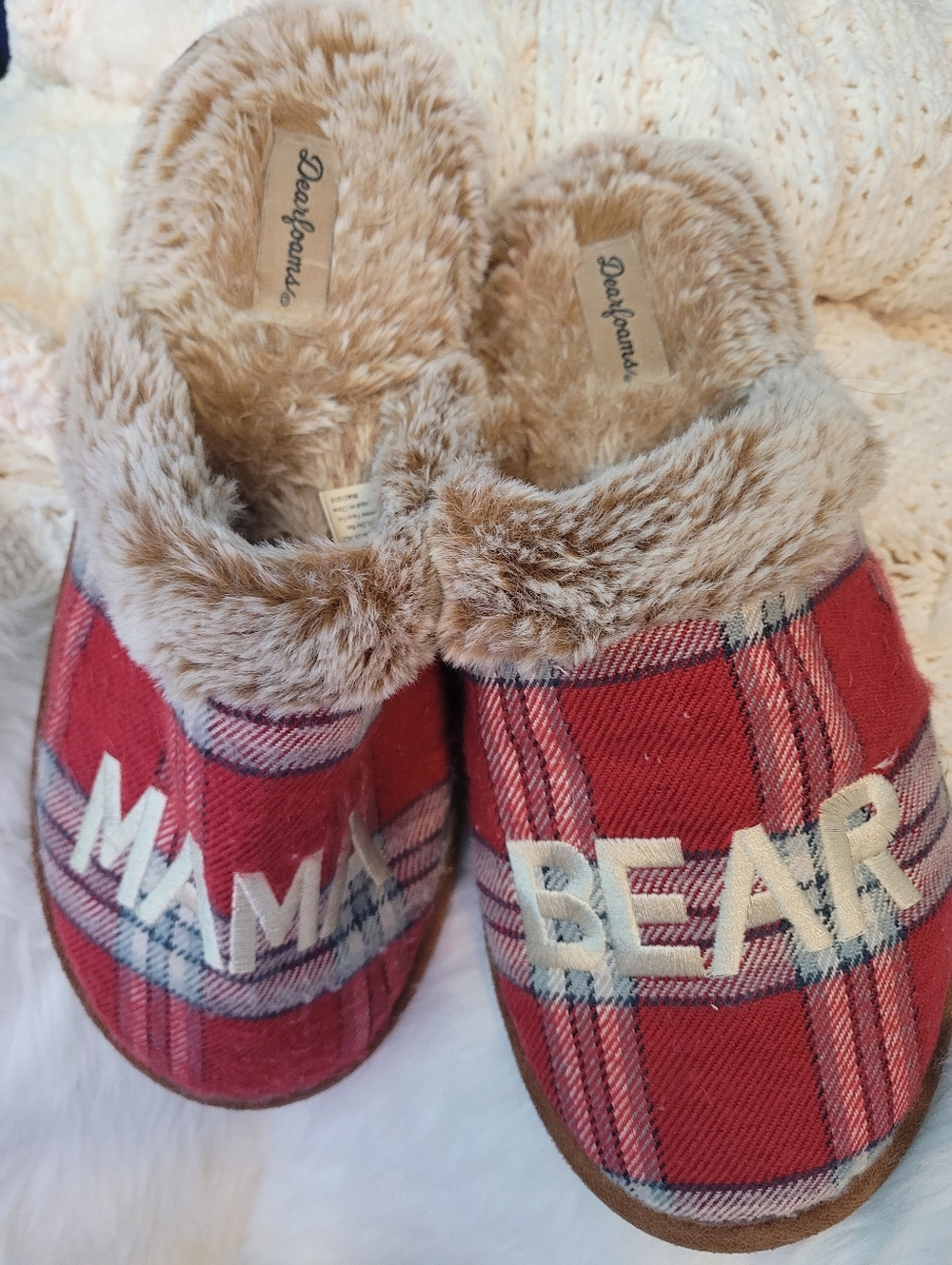 dearfoams Red Plaid 'Mama Bear' Plush-Lined Kids Slippers